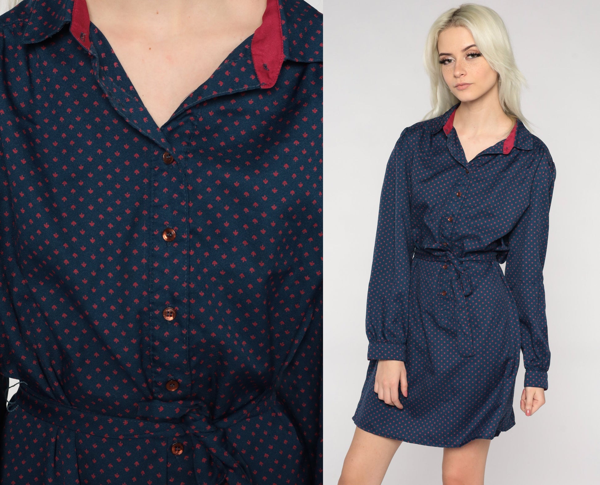 80s Navy Polka Dot Button-Up Mini Dress High Waist Tie Belt Long Sleeve Large L