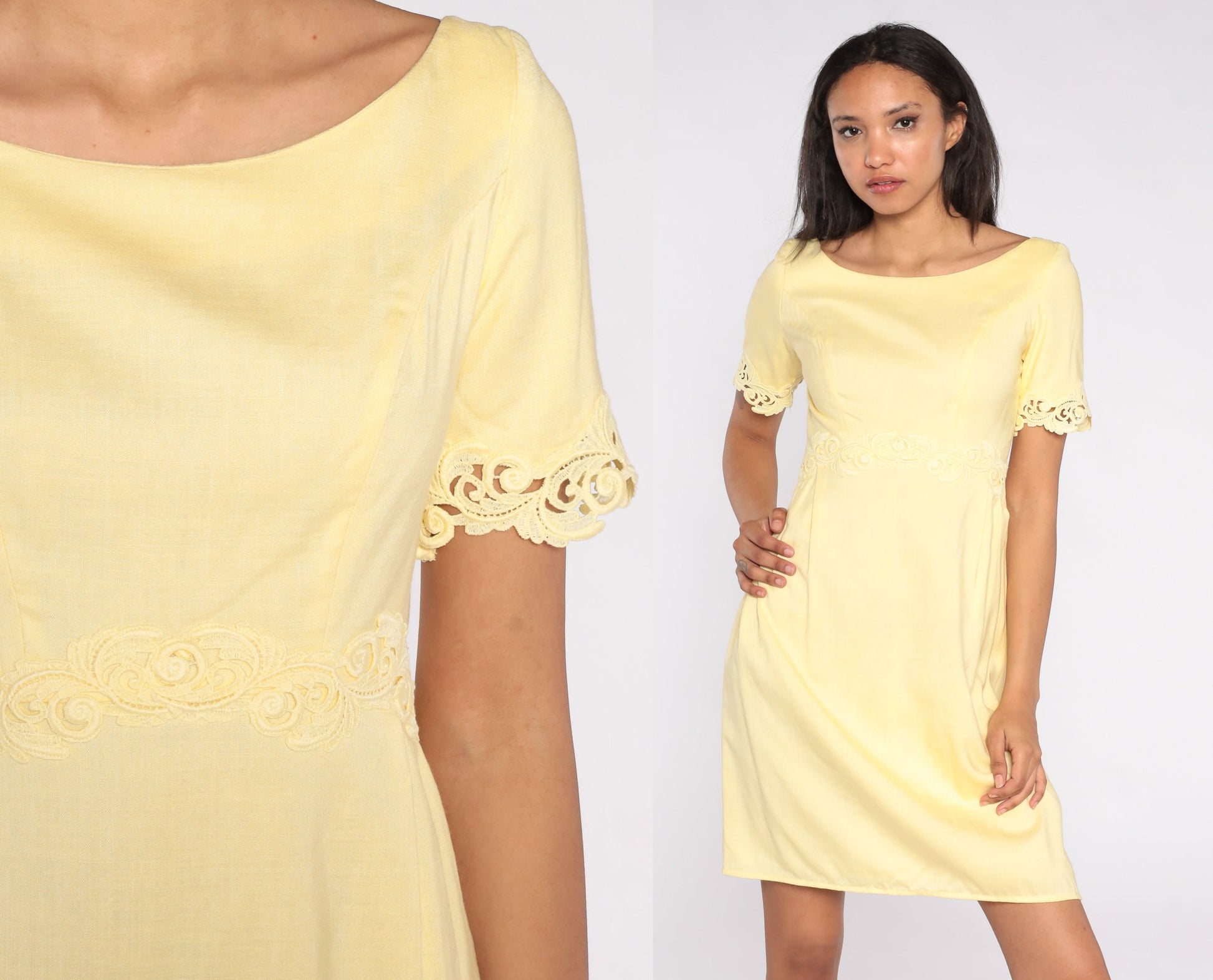 1960s Yellow Mini Dress Lace Trim High Waist Bow Cocktail Sheath Small