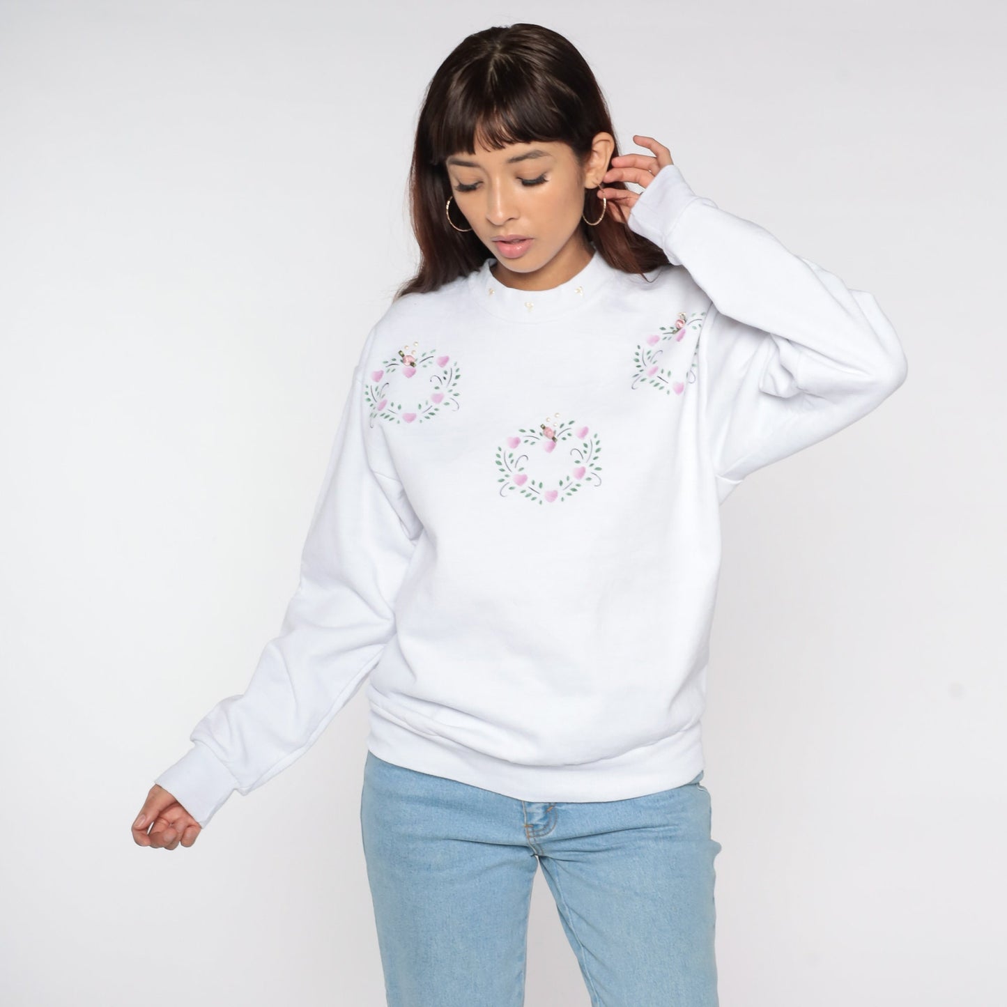 80s Jerzees White Heart Rosette Embellished Sweatshirt Crewneck Medium M