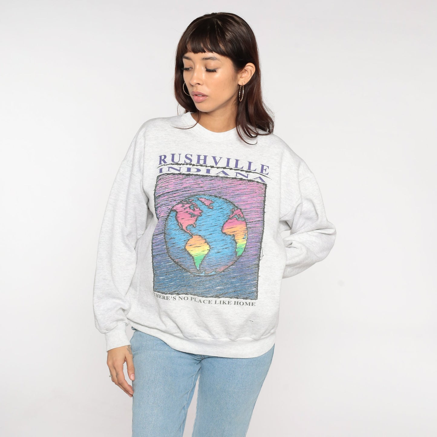 90s Rushville Indiana Sweatshirt Grey Graphic Crewneck There's No Place Like Home Medium M