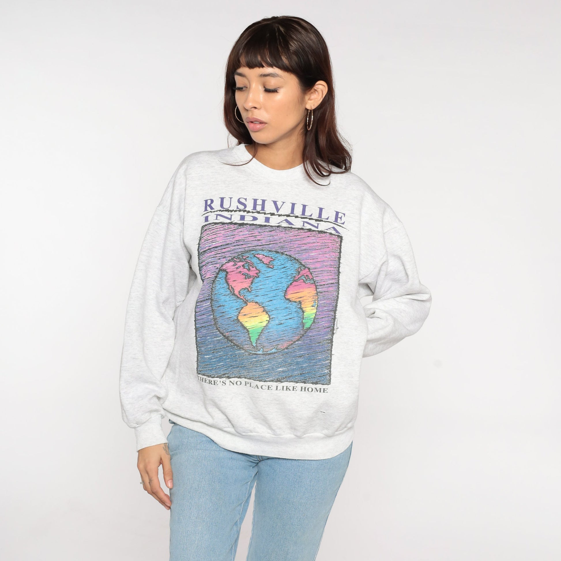 90s Rushville Indiana Sweatshirt Grey Graphic Crewneck There's No Place Like Home Medium M