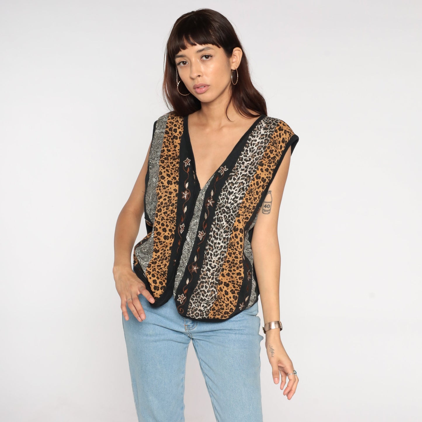80s Animal Print Vest Top Floral Embroidered Sleeveless Blouse Large