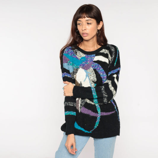80s Black Knit Sweater Abstract Striped Leaf Print Multicolor Large L