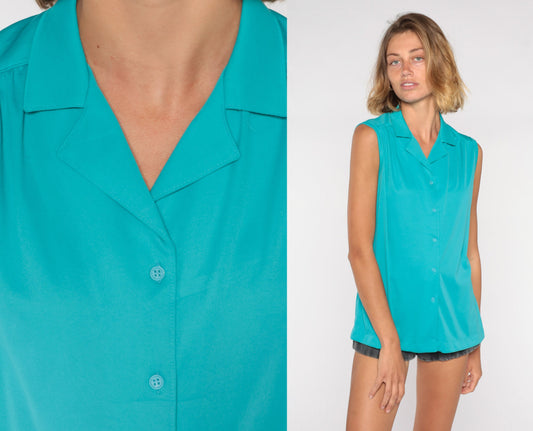 80s Sears Sleeveless Button-Up Blouse Turquoise Large L