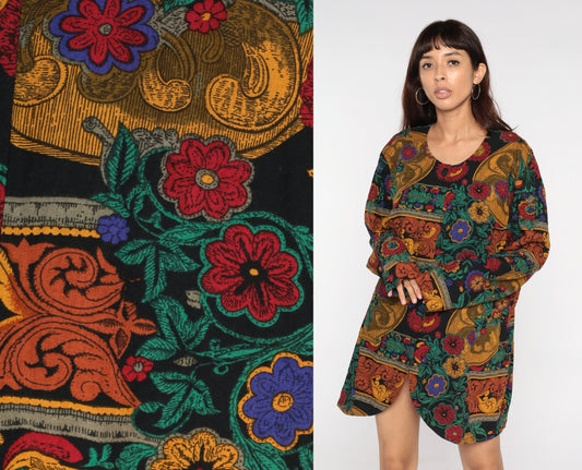 90s Dark Floral Rayon Blouse Long Sleeve Front Slit Tunic Large L