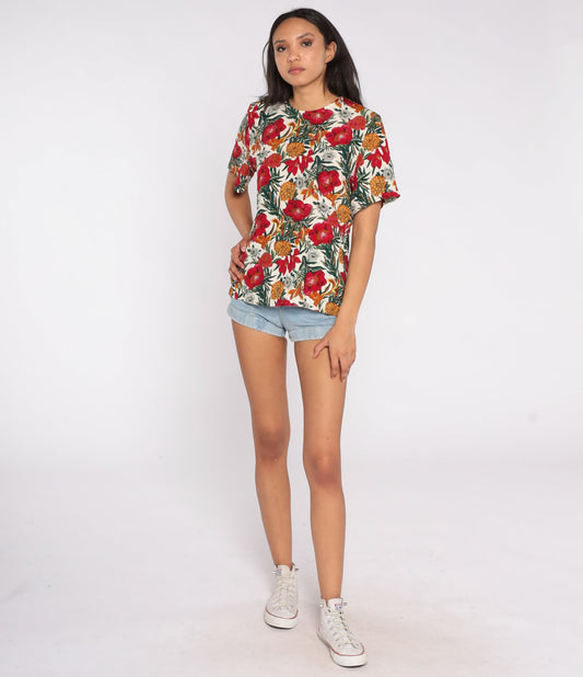 90s Floral Print Rayon Shirt Short Sleeve Blouse Small S