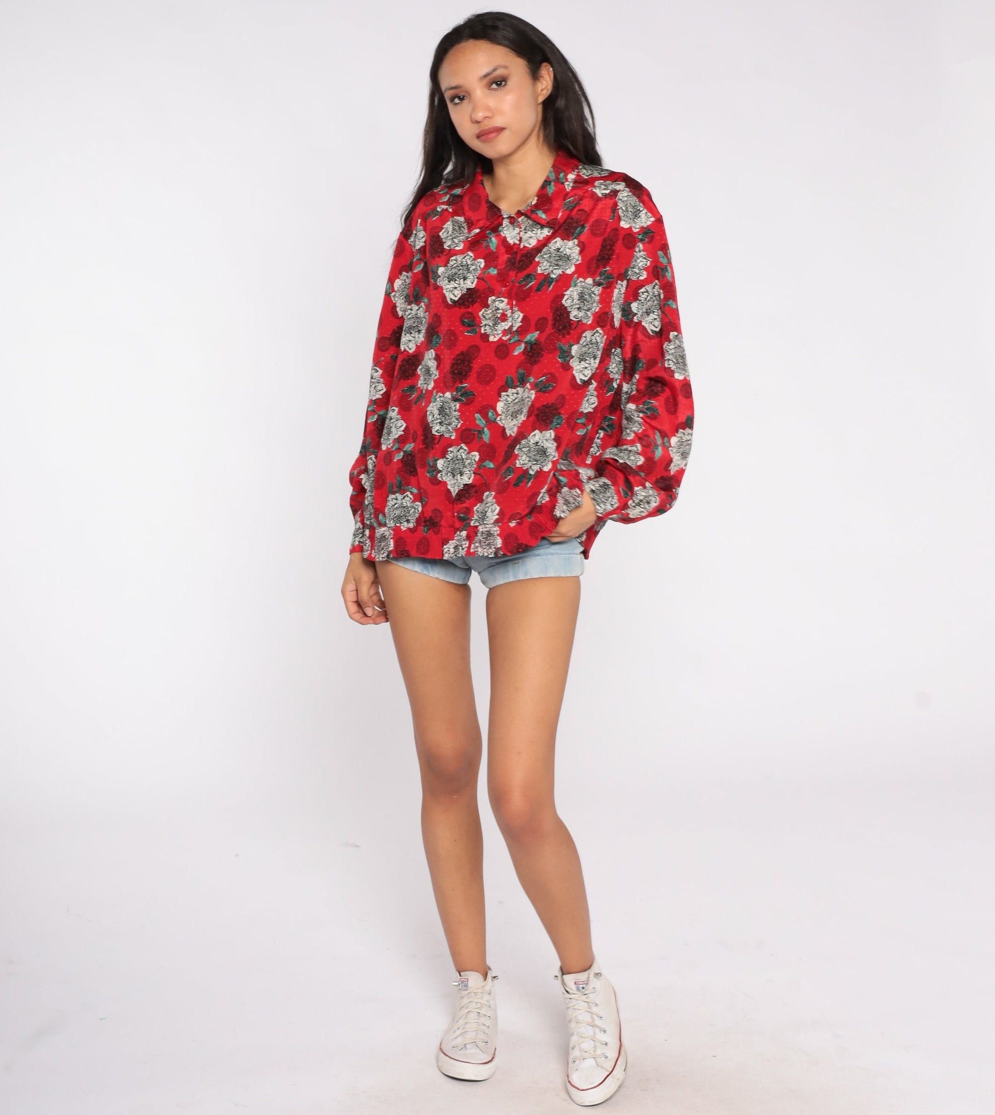 80s Red Floral Geometric Print Blouse Quarter Button Long Sleeve XXL