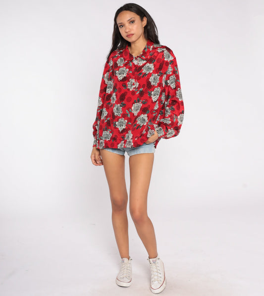 80s Red Floral Geometric Print Blouse Quarter Button Long Sleeve XXL