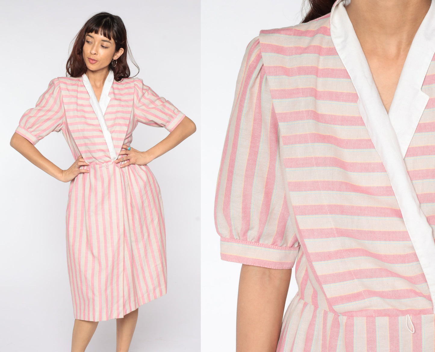 80s Pink Striped Midi Wrap Dress Puff Sleeve V-Neck Medium
