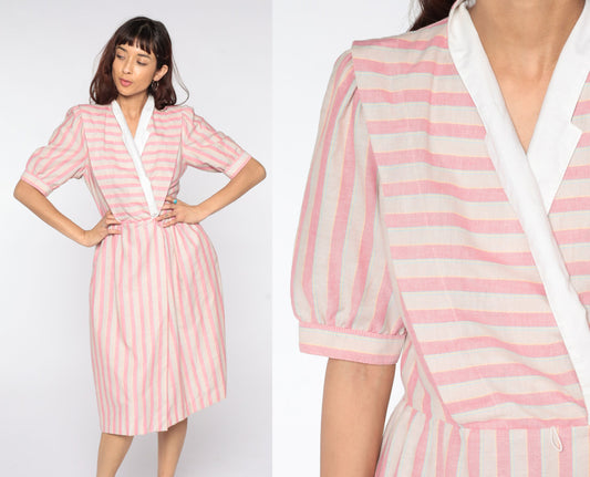 80s Pink Striped Midi Wrap Dress Puff Sleeve V-Neck Medium