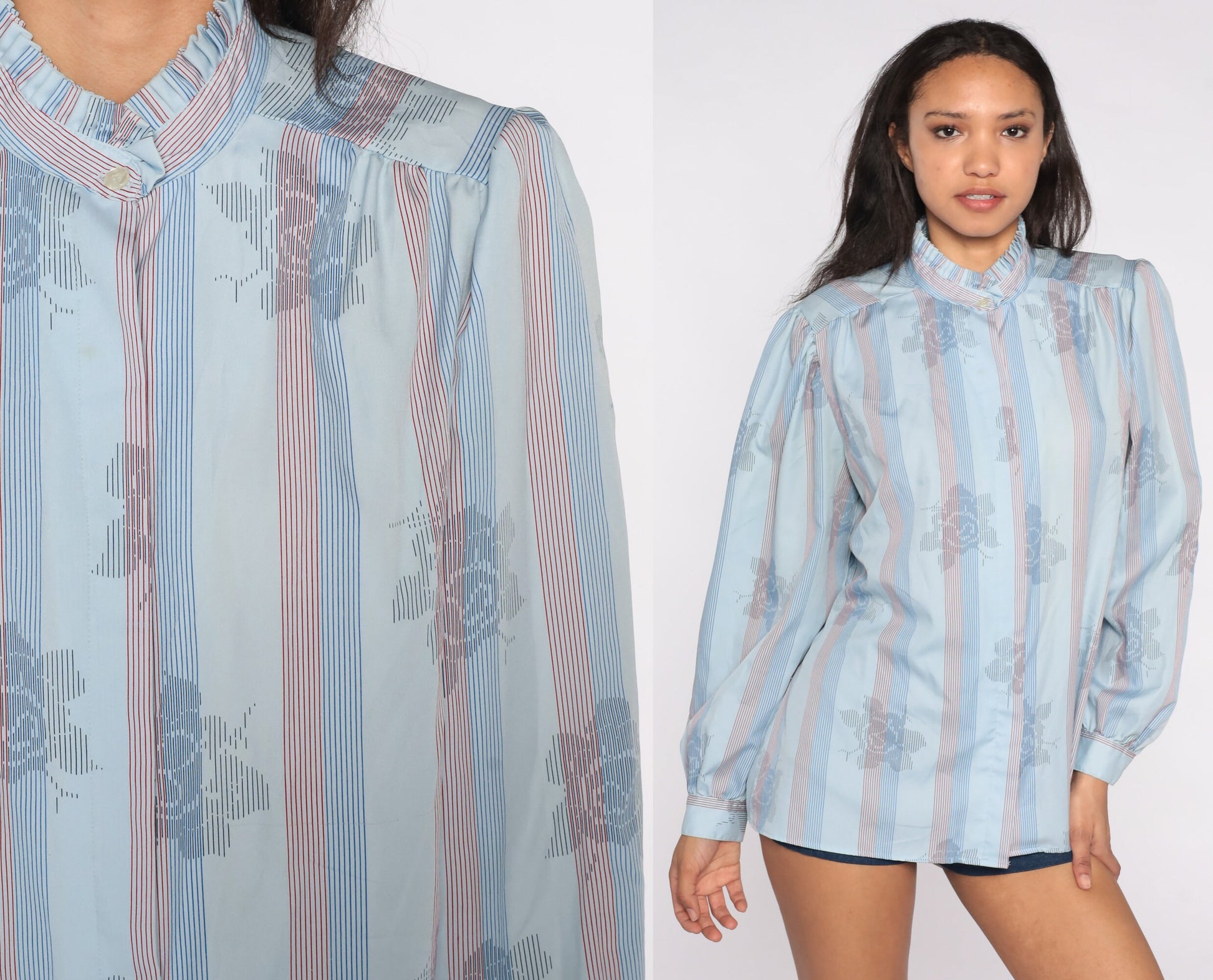 80s Blue Striped Floral Ruffle Neck Blouse Puff Sleeve Button Top Extra Large XL