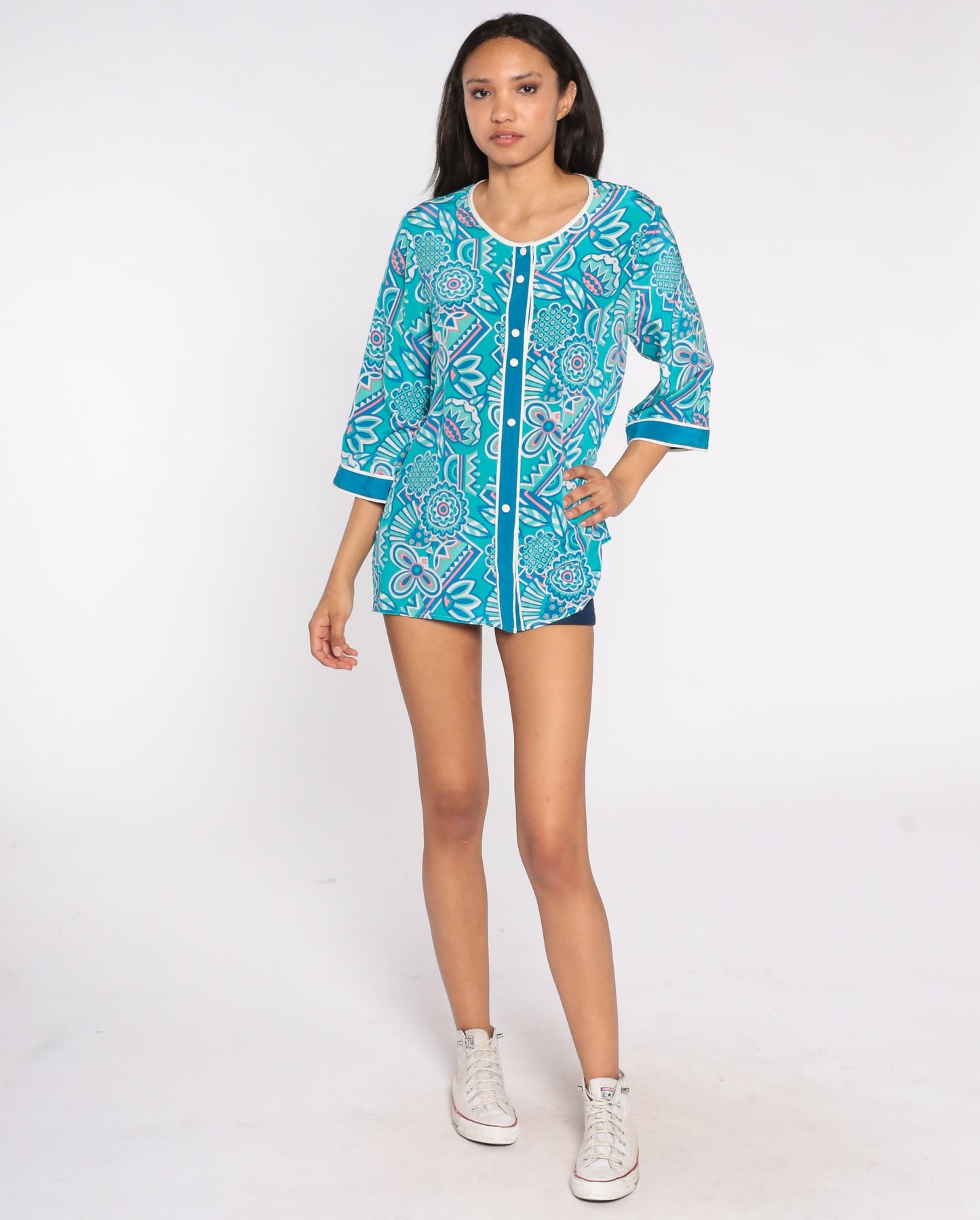 Bob Mackie Silk Floral Blouse 90s Blue Flower Print Button Up 3/4 Sleeve Medium M