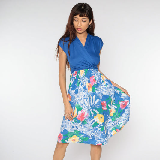 80s Floral Midi Wrap Dress Blue Cap Sleeve High Waist Small