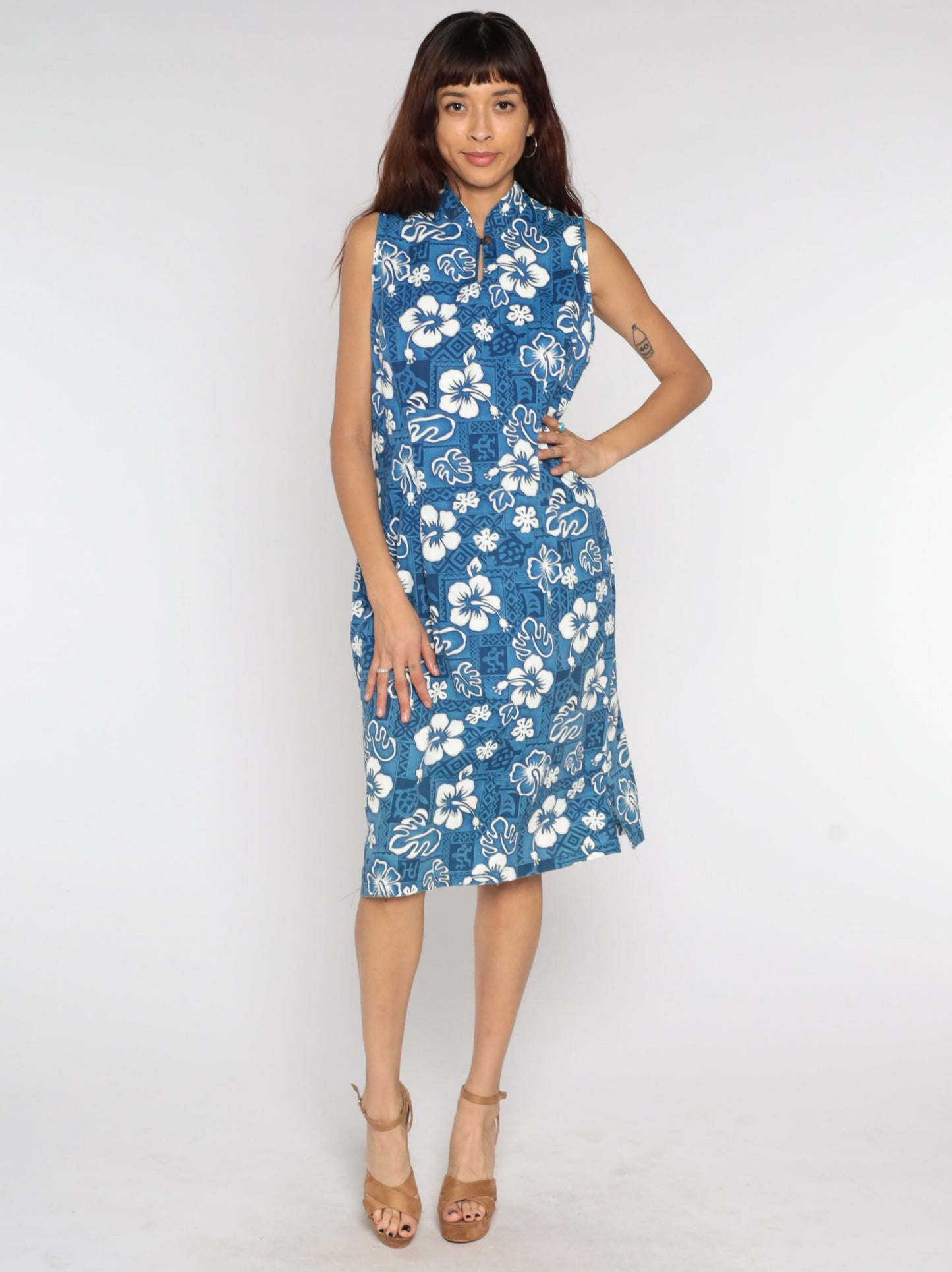 90s Hawaiian Floral Midi Dress Blue Tropical Shift Sleeveless Large