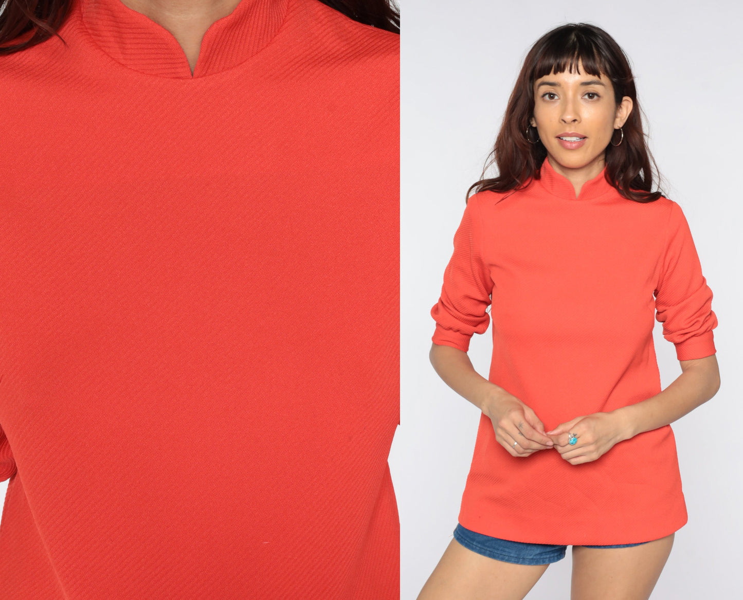 70s Mandarin Collar Shirt Orange Polyester Short Sleeve Blouse Extra Small XS