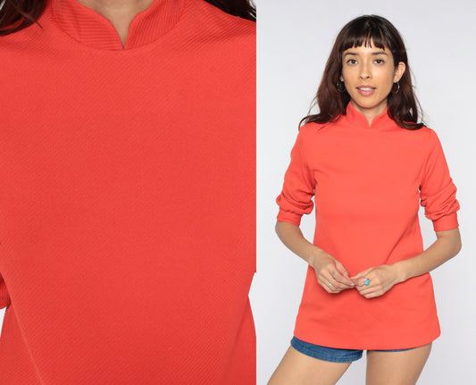 70s Mandarin Collar Shirt Orange Polyester Short Sleeve Blouse Extra Small XS