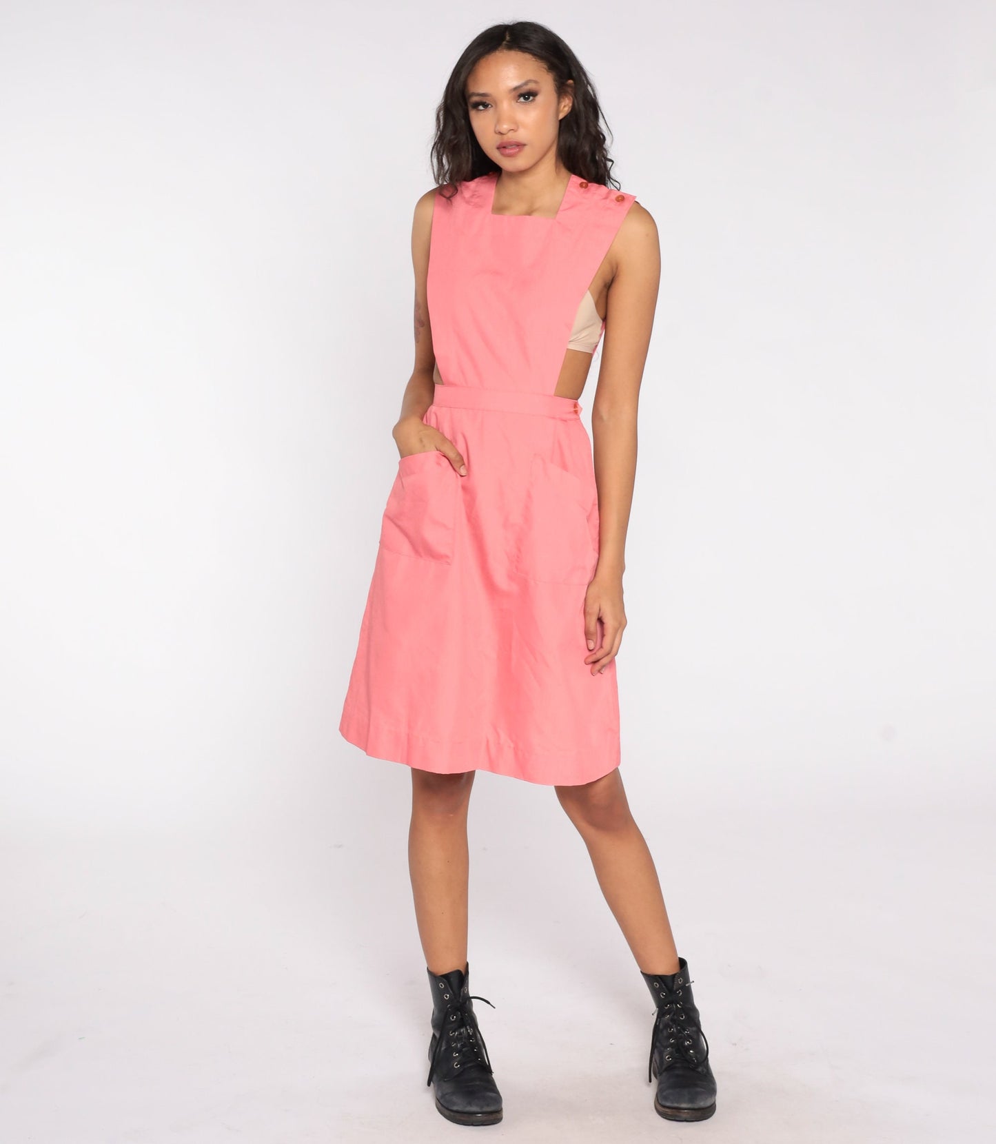 80s Pink Apron Jumper Dress Sleeveless High Waist Pockets Small