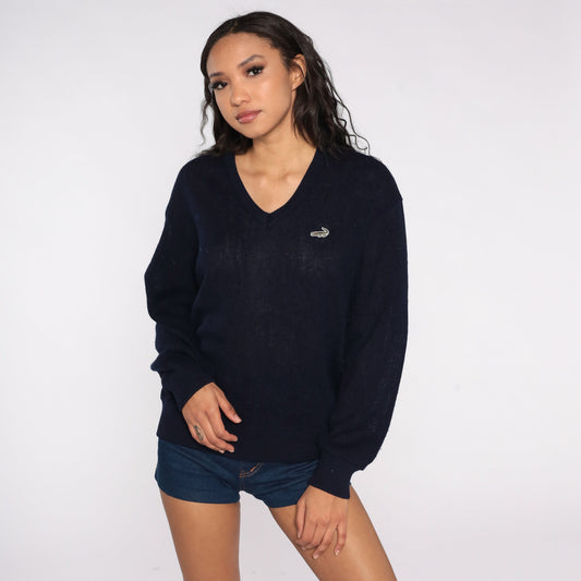 80s Navy Crocodile V-Neck Knit Sweater Slouchy Large L
