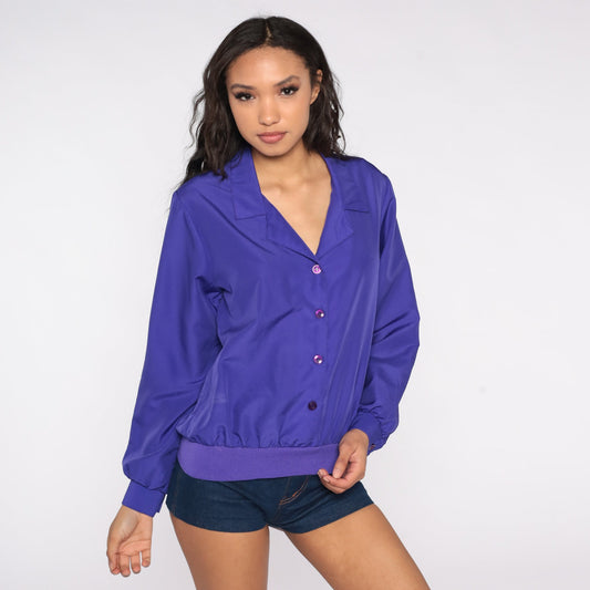 80s Purple Button-Up Blouse Long Sleeve Collared Shirt Medium