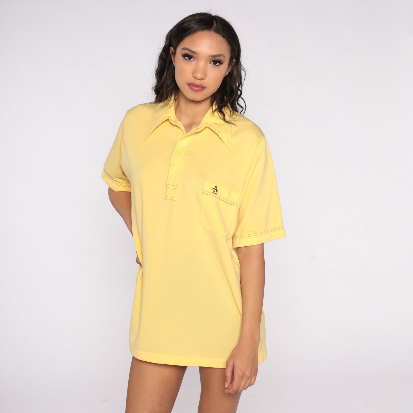 70s Munsingwear Penguin Polo Shirt Yellow Half-Button Collared Large