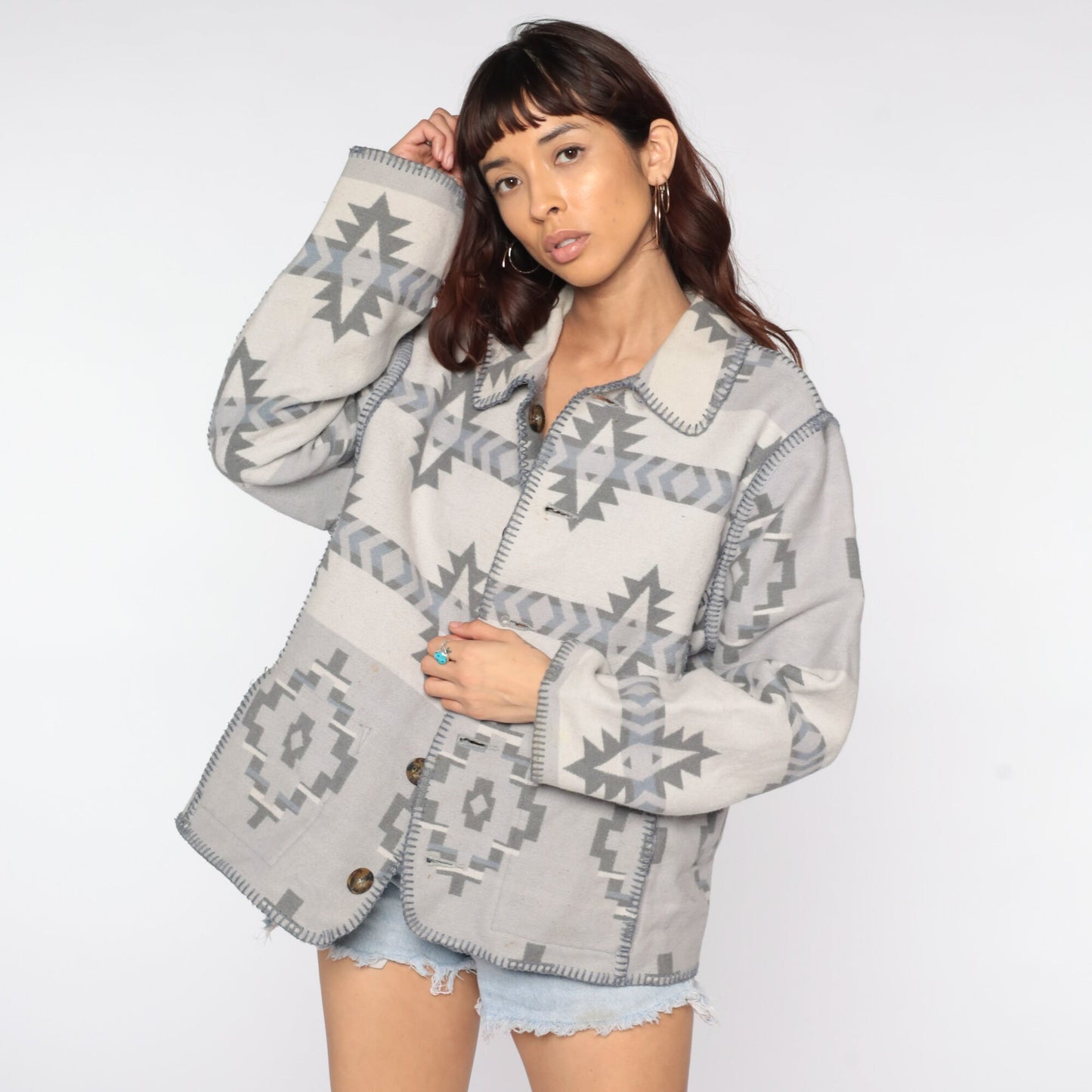 80s Woolrich Wool Southwestern Reversible Jacket Grey Large L