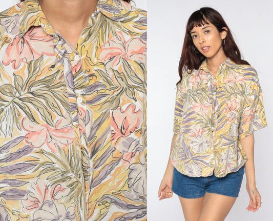 80s Tropical Floral Button-Up Shirt Yellow Pink Hawaiian Blouse Medium