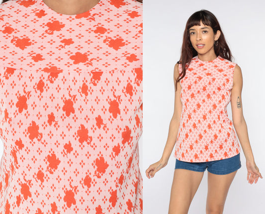 70s Orange Floral Abstract Tank Top Sleeveless Blouse Small