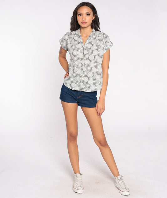 90s Spirograph Abstract Print Button Up Shirt Grey White Medium