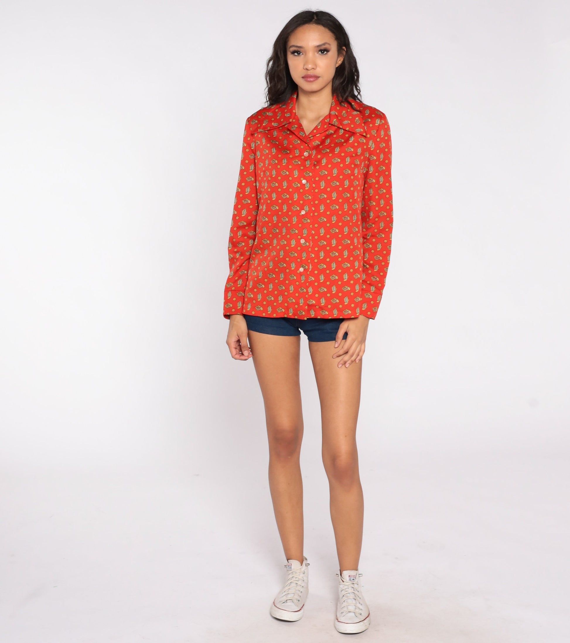 70s Paisley Print Dagger Collar Blouse Red-Orange Long Sleeve Medium