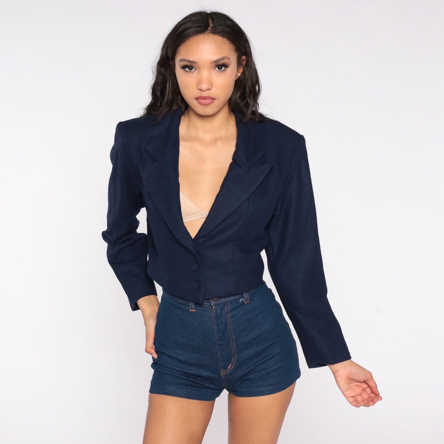 00s Navy Wool Blend Cropped Blazer Button-Up Tailored Jacket Medium M