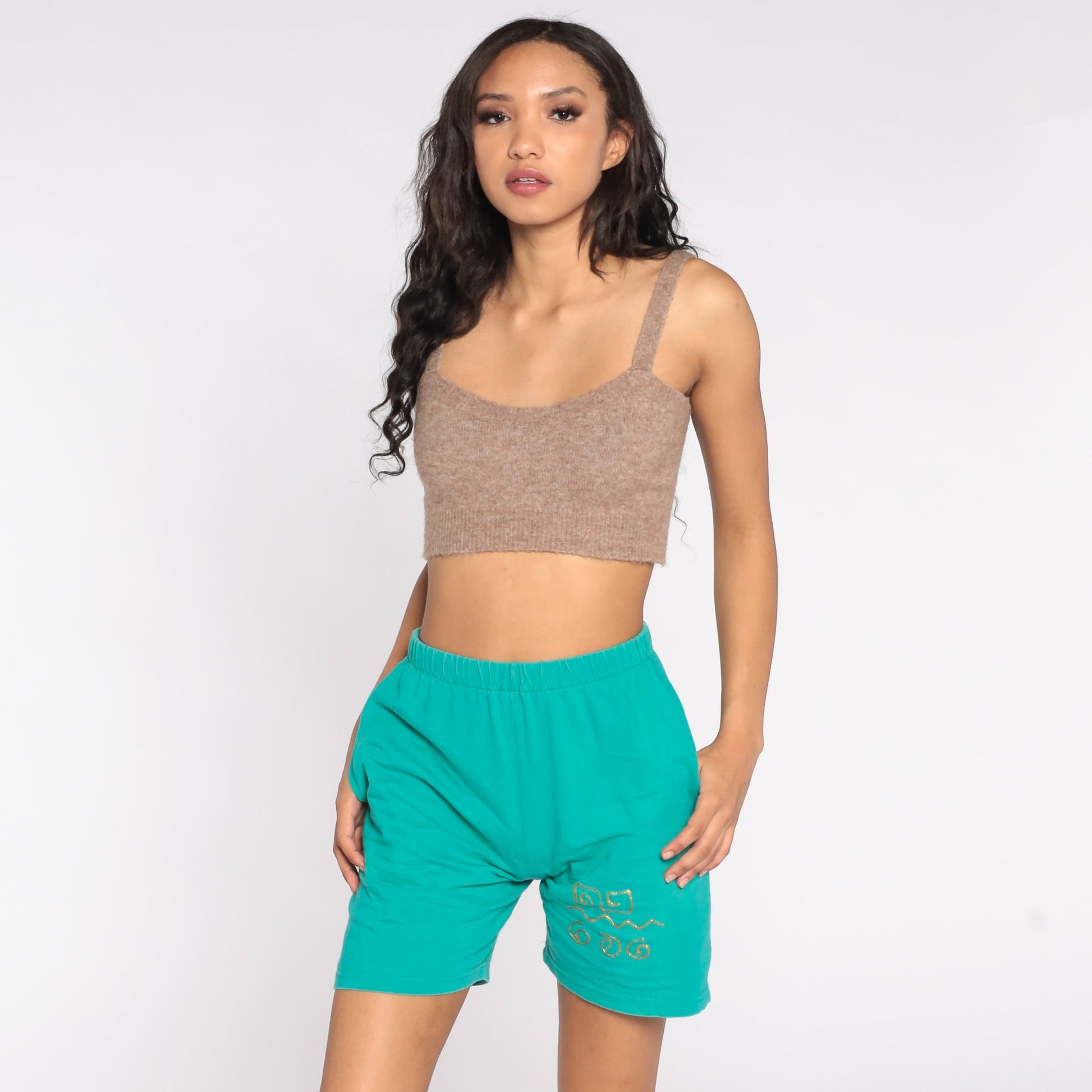 90s Green Gold Painted Elastic Waist Shorts High Rise Small S