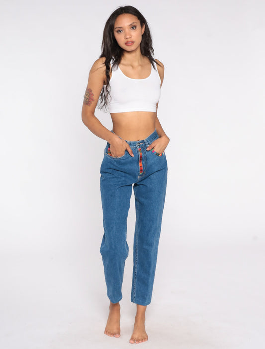 90s Southwestern High Waist Tapered Mom Jeans Blue Denim Small 4