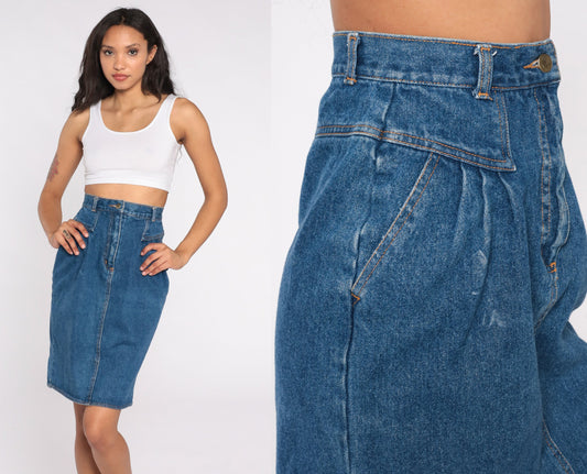 90s Blue Denim Pleated Mini Skirt High Waist Jean Pencil Skirt Extra Small