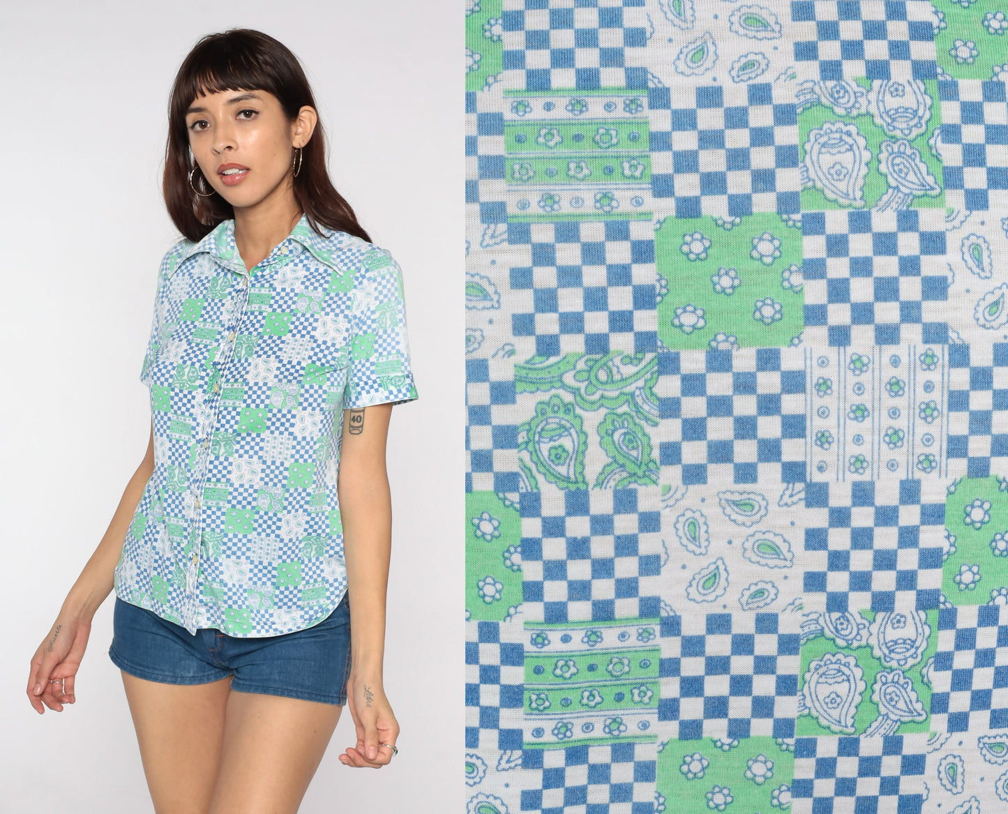 70s Checkered Paisley Floral Button Up Shirt Dagger Collar Blue Small