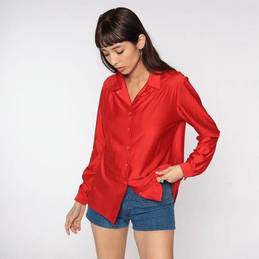 80s Red Shiny Button-Up Blouse Long Sleeve Collared Shirt Medium Large