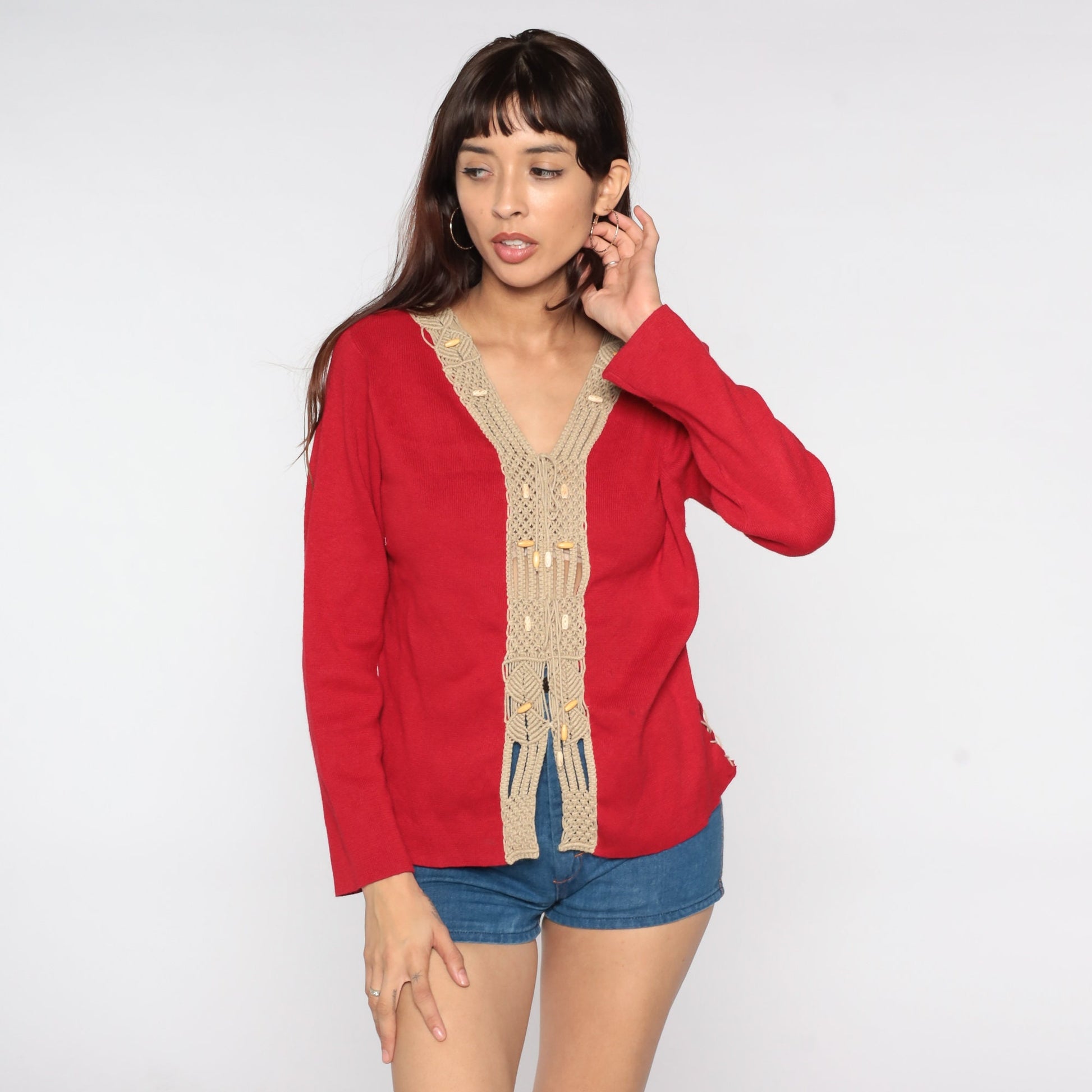 80s Red V-Neck Sweater with Macrame Trim Knit Pullover Large L