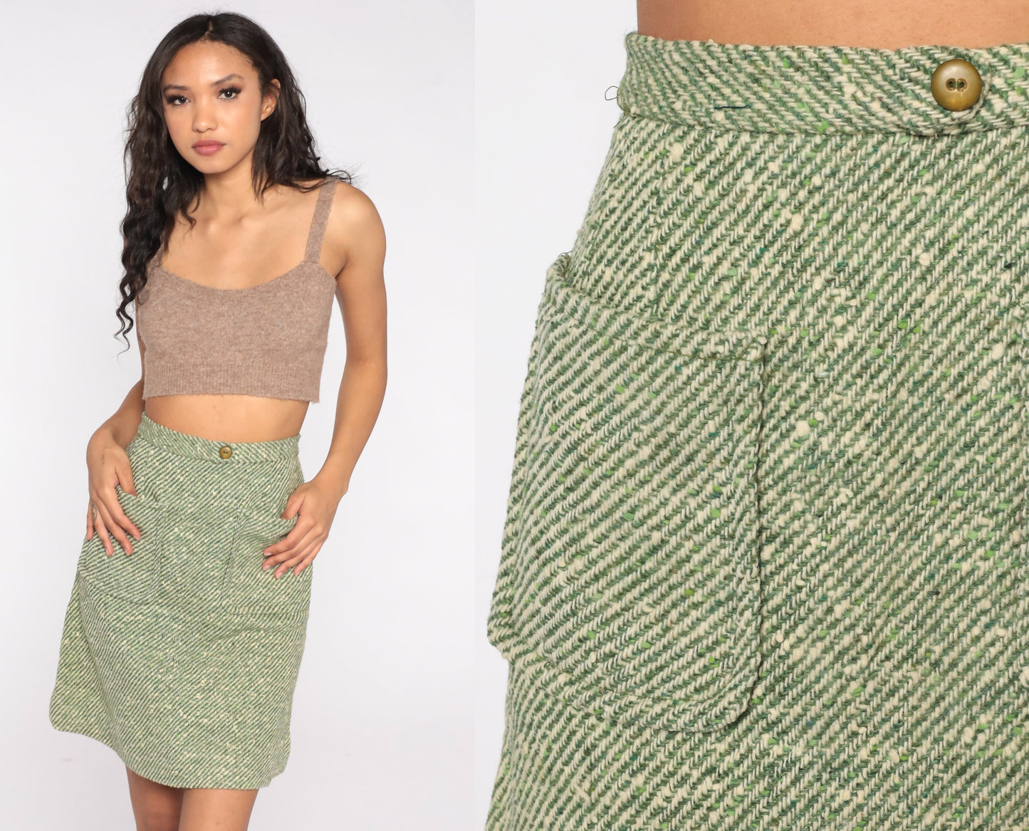 60s Green Striped Wool Mini Skirt High Waisted Extra Small