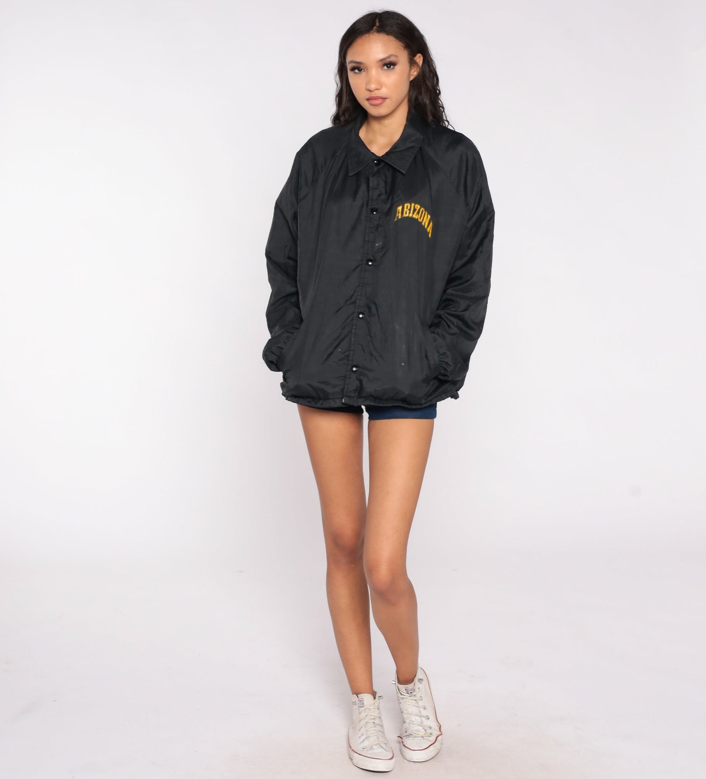80s Chalk Line Arizona Windbreaker Jacket Black Nylon Snap Closure Large L