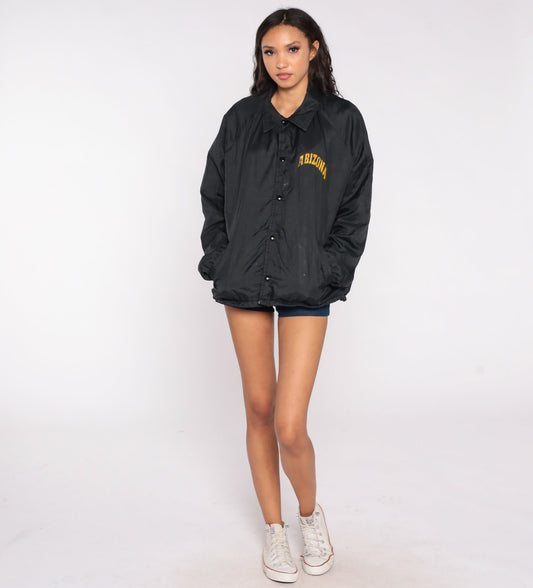 80s Chalk Line Arizona Windbreaker Jacket Black Nylon Snap Closure Large L
