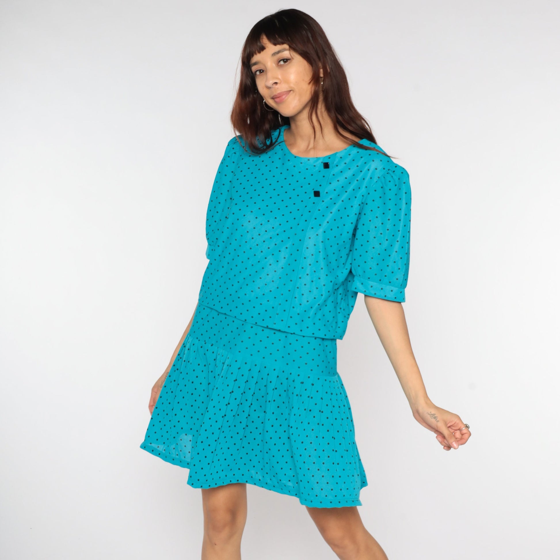 80s Blue Polka Dot Mini Dress Puff Sleeve Low Waist Large
