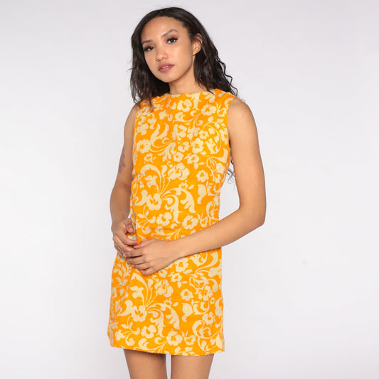 60s Orange Floral Shift Mini Dress Sleeveless Extra Small