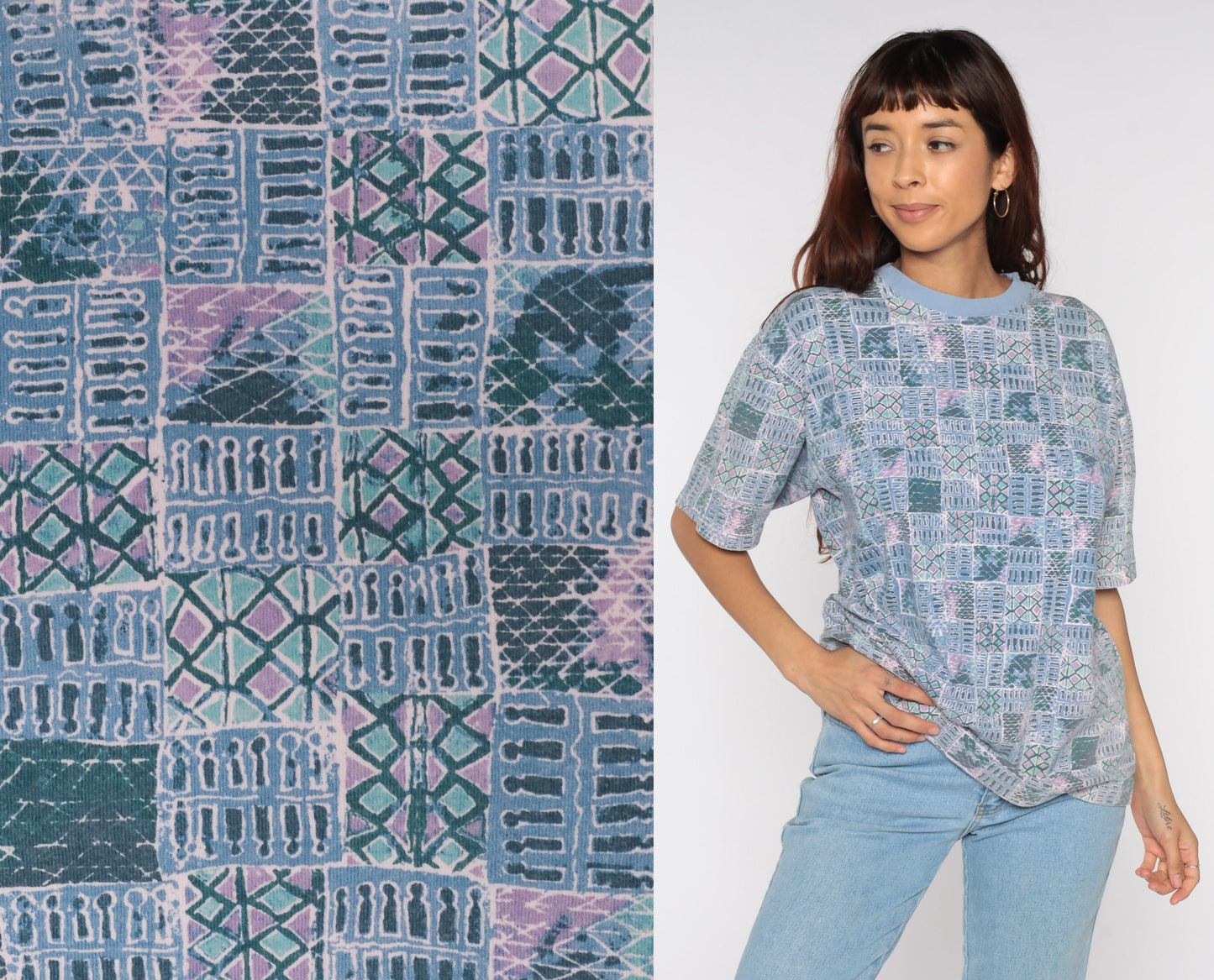 90s Dockers Geometric Patchwork T-Shirt Blue Striped Print Medium M
