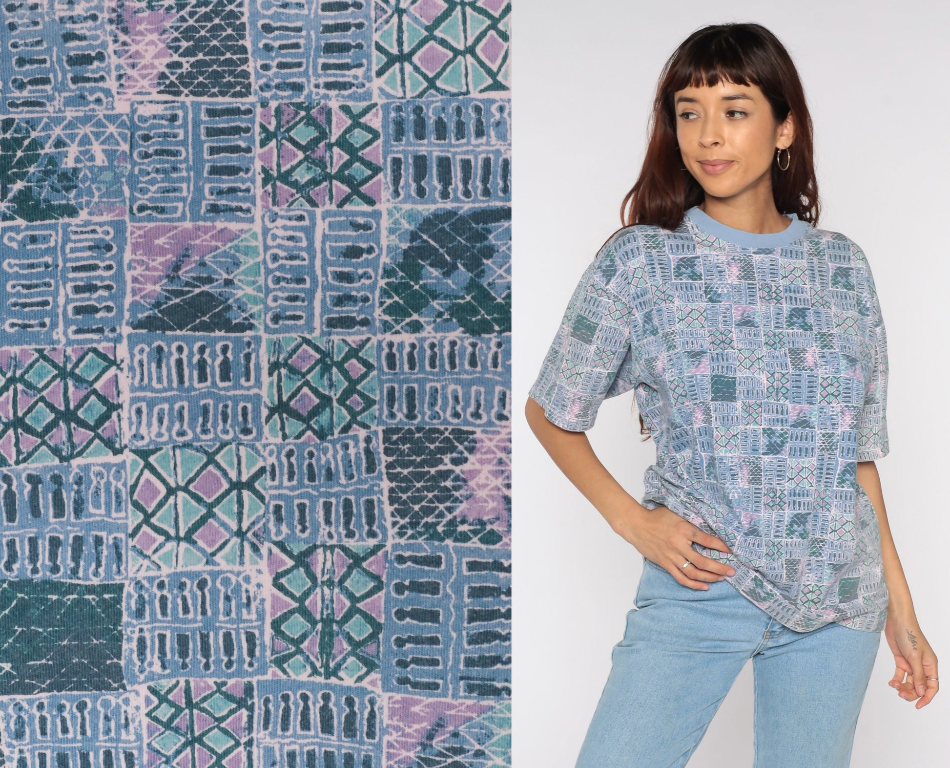 90s Dockers Geometric Patchwork T-Shirt Blue Striped Print Medium M