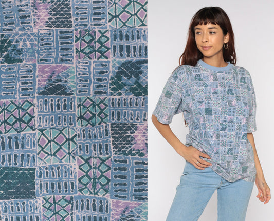90s Dockers Geometric Patchwork T-Shirt Blue Striped Print Medium M