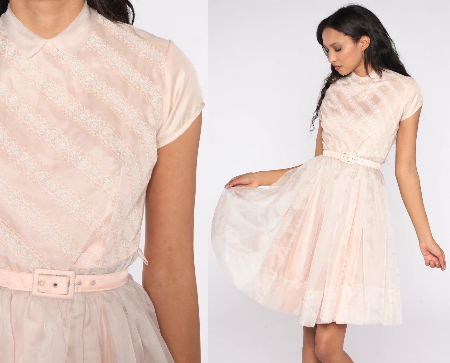 60s Baby Pink Party Dress Peter Pan Collar Full Skirt High Waisted Extra Small