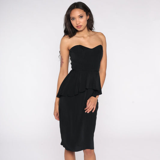 80s Black Strapless Midi Dress Sweetheart Neckline Peplum Extra Small