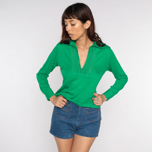 70s Green Collared Blouse Crochet Trim V Neck Long Sleeve Small