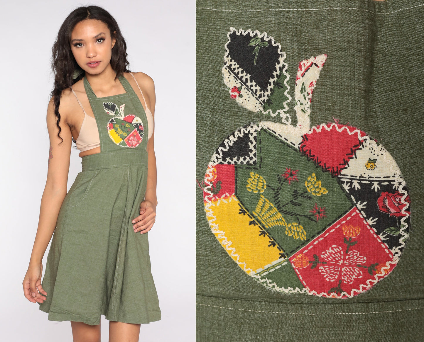 70s Green Patchwork Apple Halter Apron Dress Cotton Extra Small