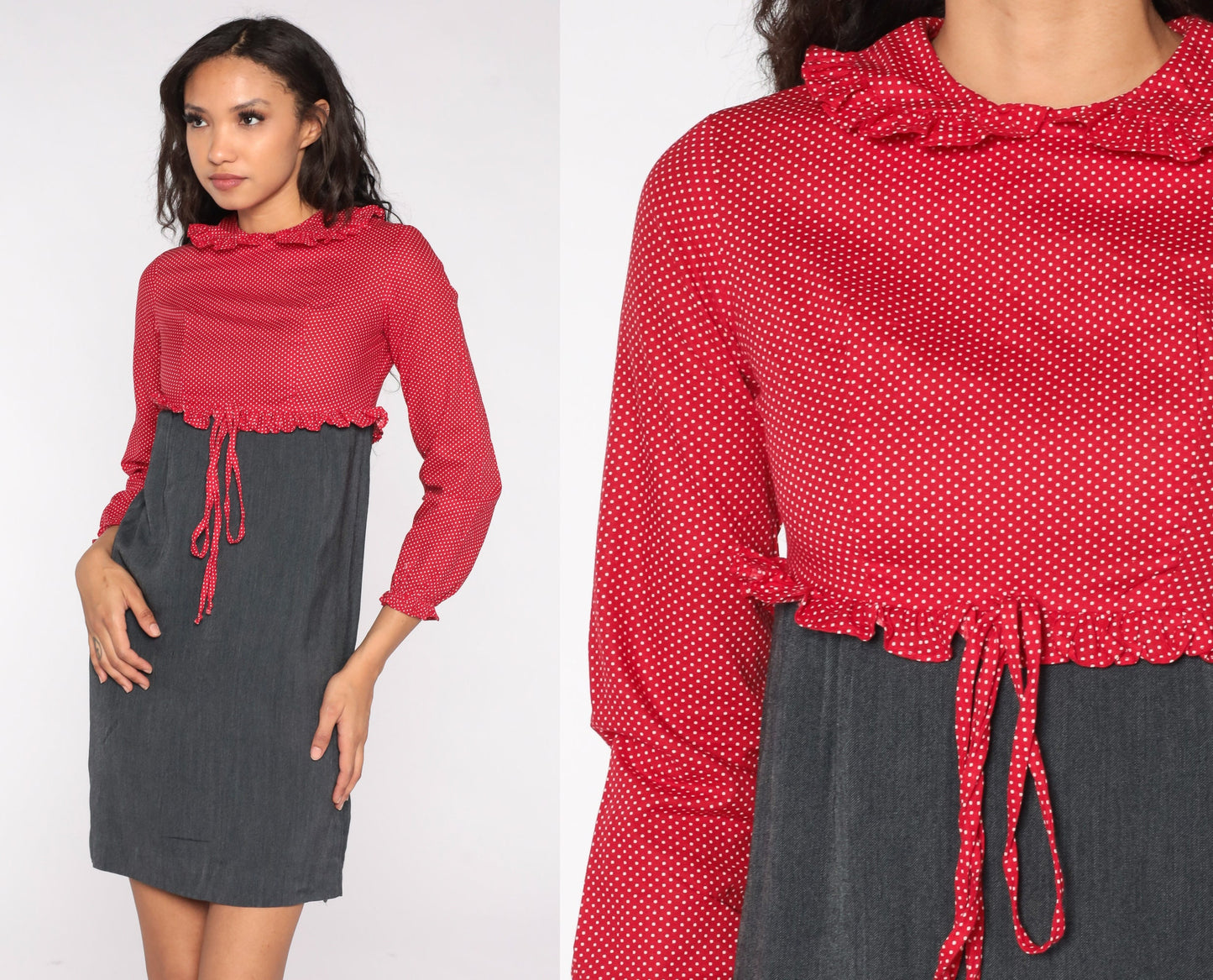 60s Red Polka Dot Mini Dress Peter Pan Collar Empire Waist Long Sleeve Extra Small XS