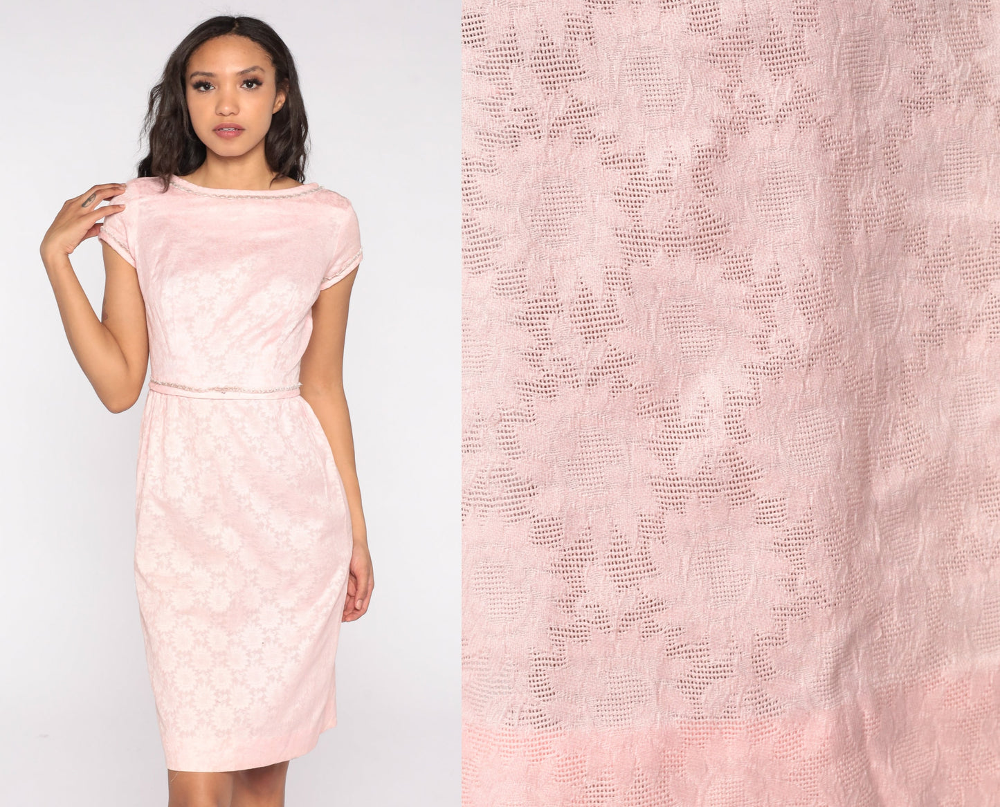 60s Baby Pink Floral Sheath Dress Cap Sleeve Knee Length Extra Small XS